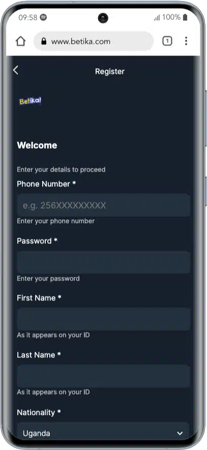 Betika ugada registration step 2