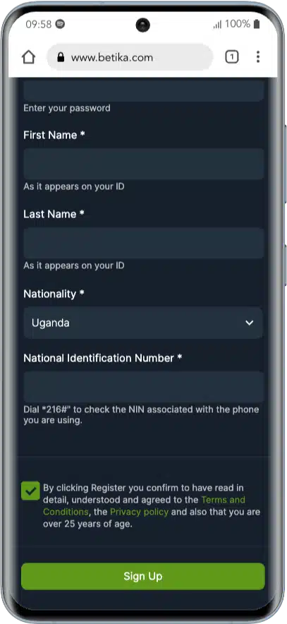 Betika ugada registration step 3